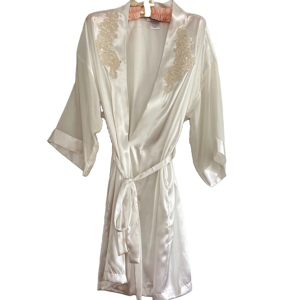 Vintage Dentelle Robe M Ivory Satin Lace Sequin Applique Bridal Romantic Silky